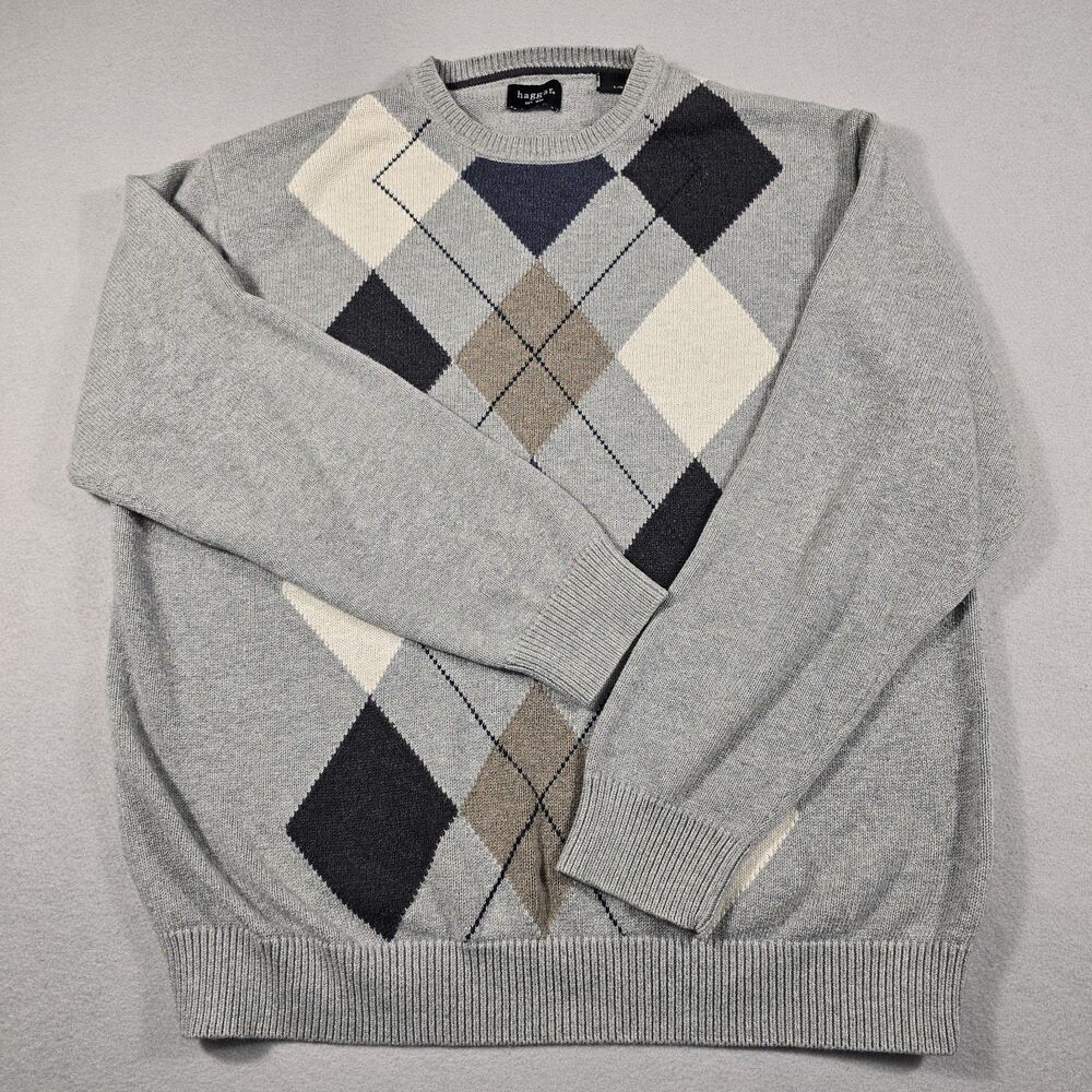 Haggar Men's Large Gray Crewneck Sweater Argyle Design 100% Cotton